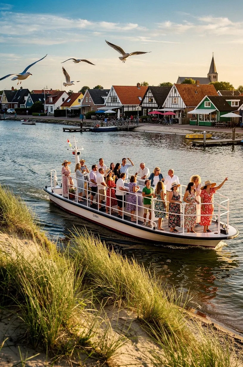 Fährschiff auf ruhiger See vor einer deutschen Küstenlandschaft mit Dünen und malerischen Fischerdörfern, ideal für entspannte Inselreisen.